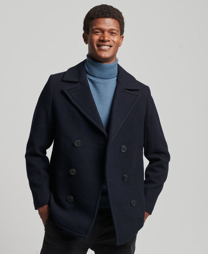 Superdry облекло N00H966 военноморски флот мъже търговски магазин - вълнено грахово палто