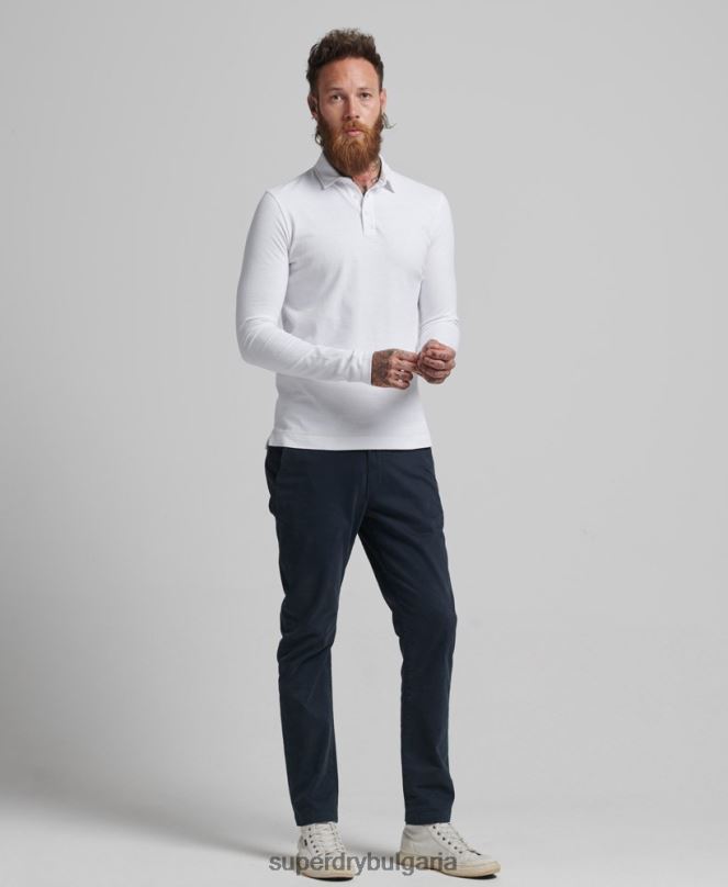 Superdry облекло N00H6360 бяло мъже поло тениска от памучно трико с дълъг ръкав