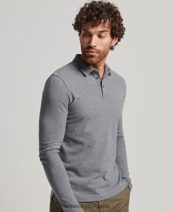 Superdry облекло N00H6394 тъмно сив мъже поло тениска от памучно трико с дълъг ръкав