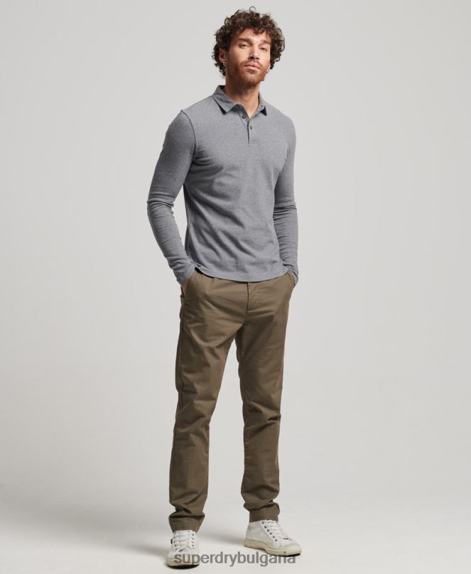Superdry облекло N00H6394 тъмно сив мъже поло тениска от памучно трико с дълъг ръкав