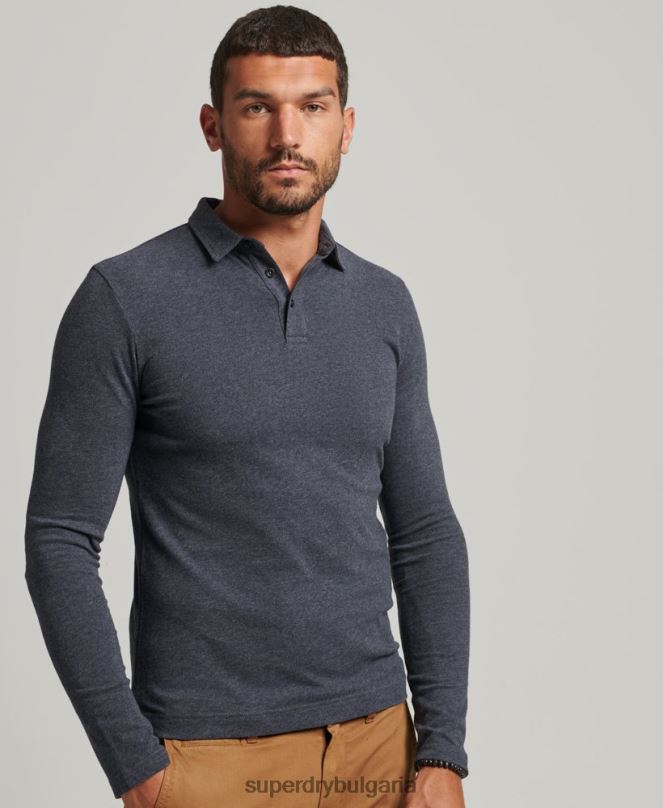 Superdry облекло N00H6448 военноморски флот мъже поло тениска от памучно трико с дълъг ръкав