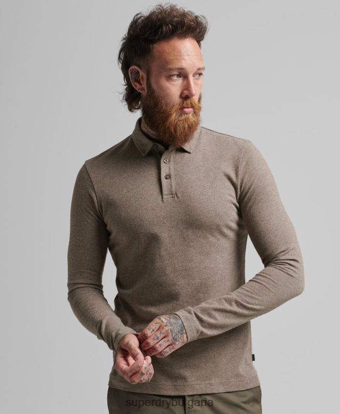 Superdry облекло N00H6451 кафяво мъже поло тениска от памучно трико с дълъг ръкав
