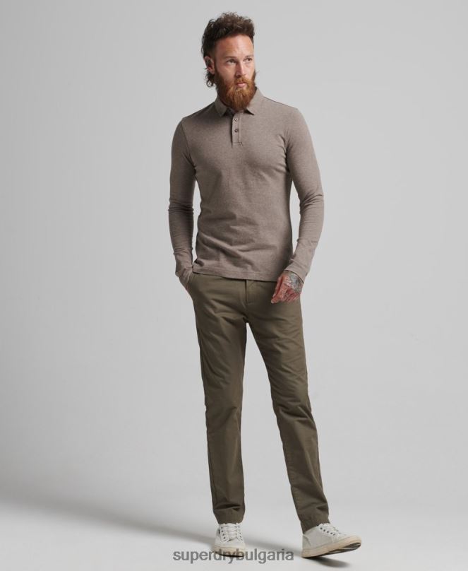 Superdry облекло N00H6451 кафяво мъже поло тениска от памучно трико с дълъг ръкав