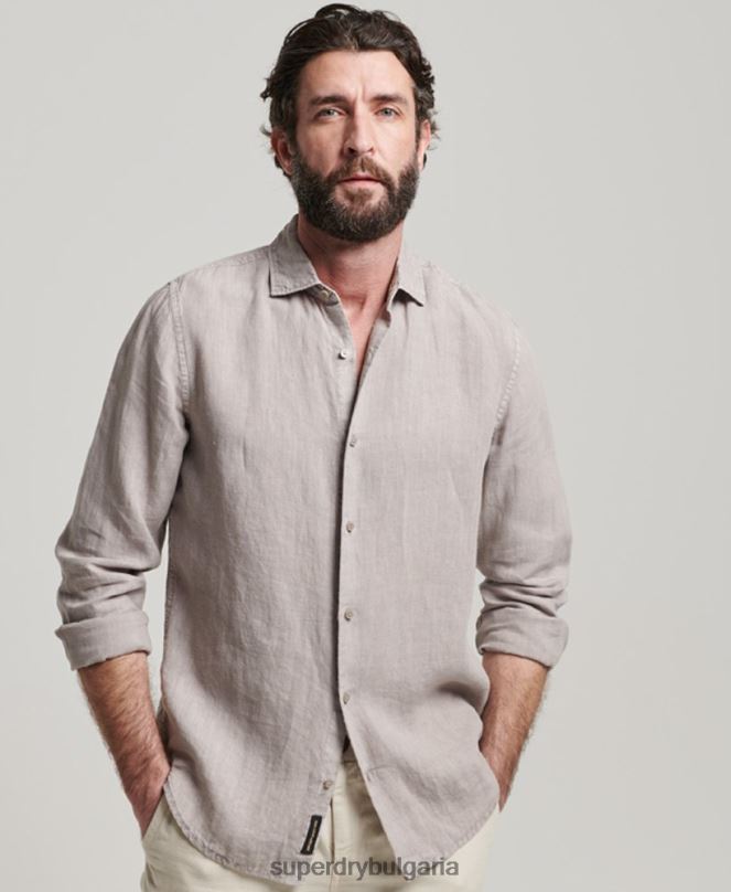 Superdry облекло N00H134 тъмно сив мъже ежедневна ленена риза с дълъг ръкав