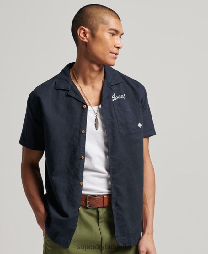 Superdry облекло N00H135 военноморски флот мъже курортна риза с къс ръкав