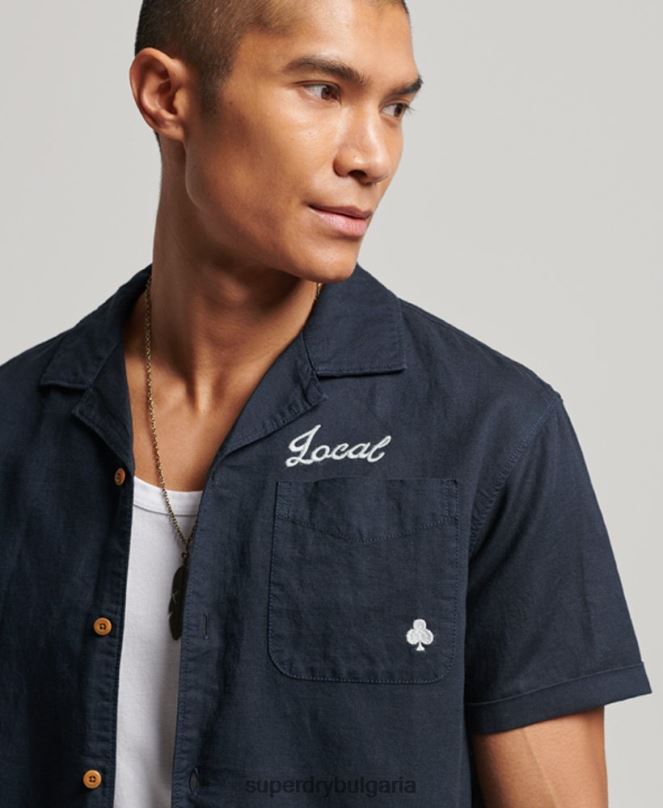 Superdry облекло N00H135 военноморски флот мъже курортна риза с къс ръкав