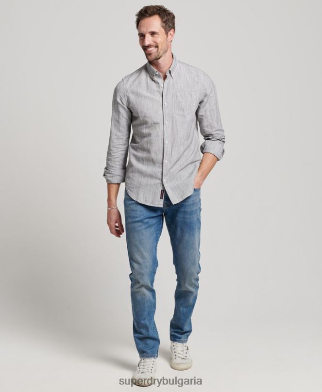 Superdry облекло N00H136 светло сив мъже Риза с копчета от органичен памук Studios