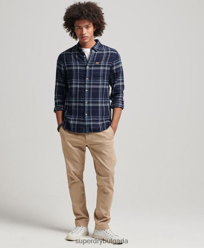 Superdry облекло N00H137 тъмно синьо мъже памучна работна риза с дълъг ръкав