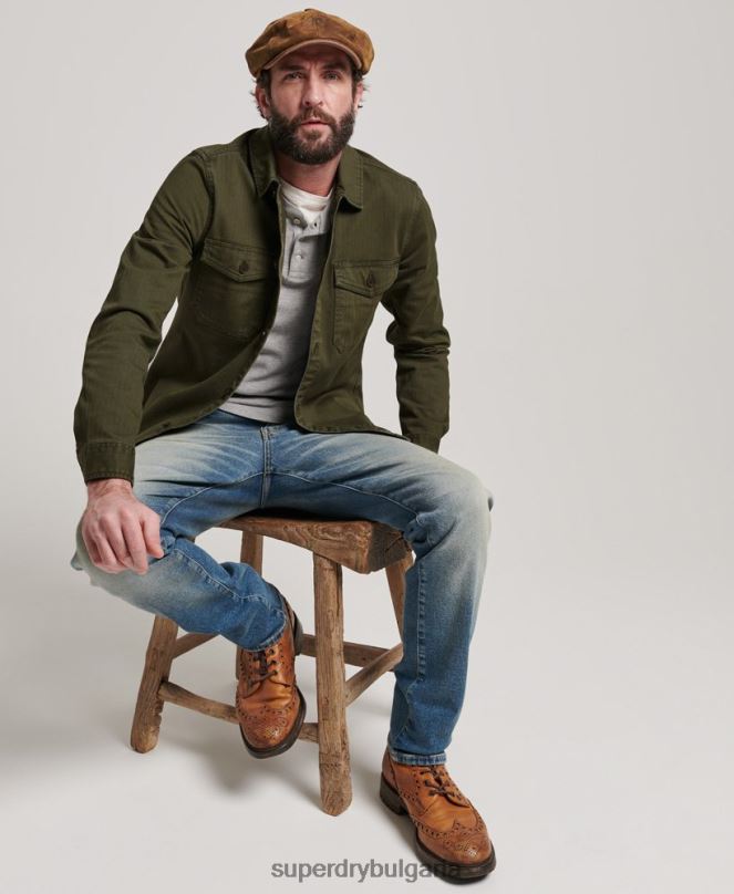 Superdry облекло N00H139 зелено мъже търговски магазин - горна риза с рибена кост