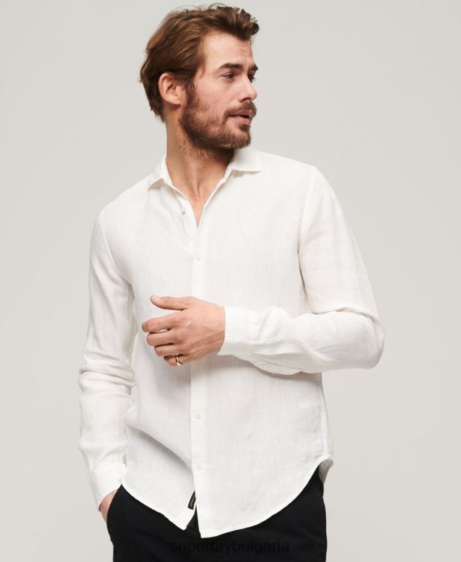 Superdry облекло N00H144 бяло мъже ежедневна ленена риза с дълъг ръкав