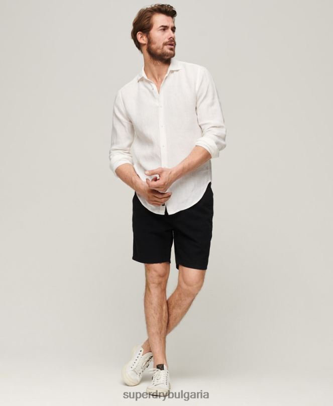 Superdry облекло N00H144 бяло мъже ежедневна ленена риза с дълъг ръкав