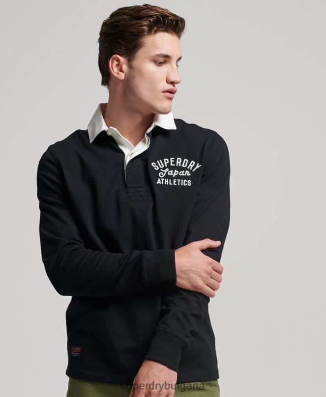 Superdry облекло N00H1523 черен мъже ретро тениска за ръгби с апликация