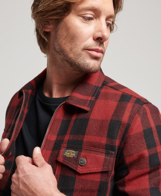 Superdry облекло N00H153 червен мъже горна тениска с вълнена карирана подплата с цип