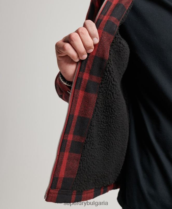 Superdry облекло N00H153 червен мъже горна тениска с вълнена карирана подплата с цип