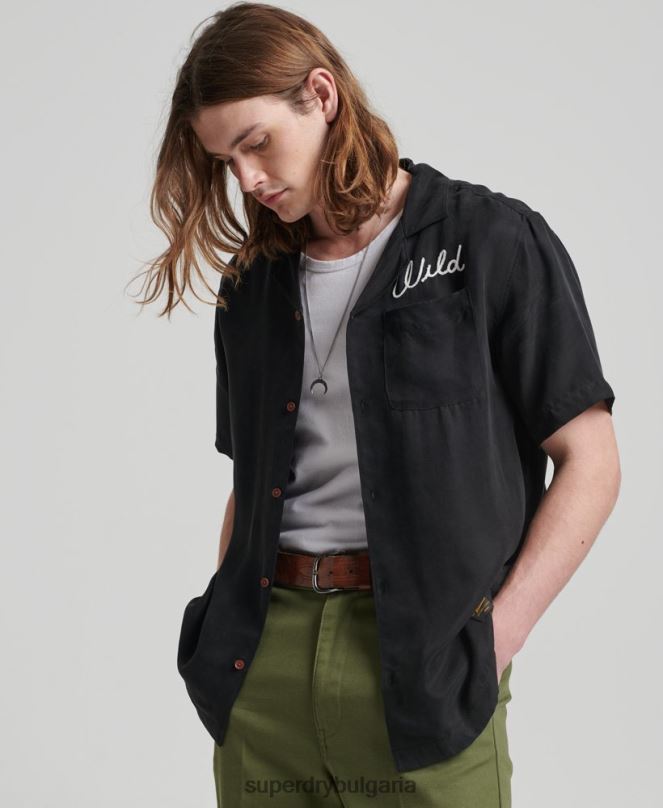 Superdry облекло N00H172 черен мъже ретро тениска за боулинг с къс ръкав