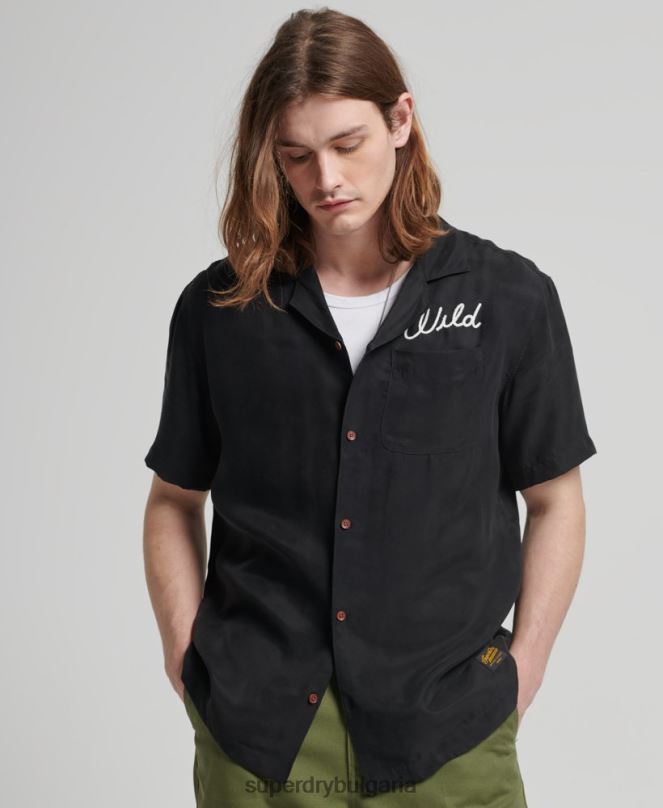 Superdry облекло N00H172 черен мъже ретро тениска за боулинг с къс ръкав