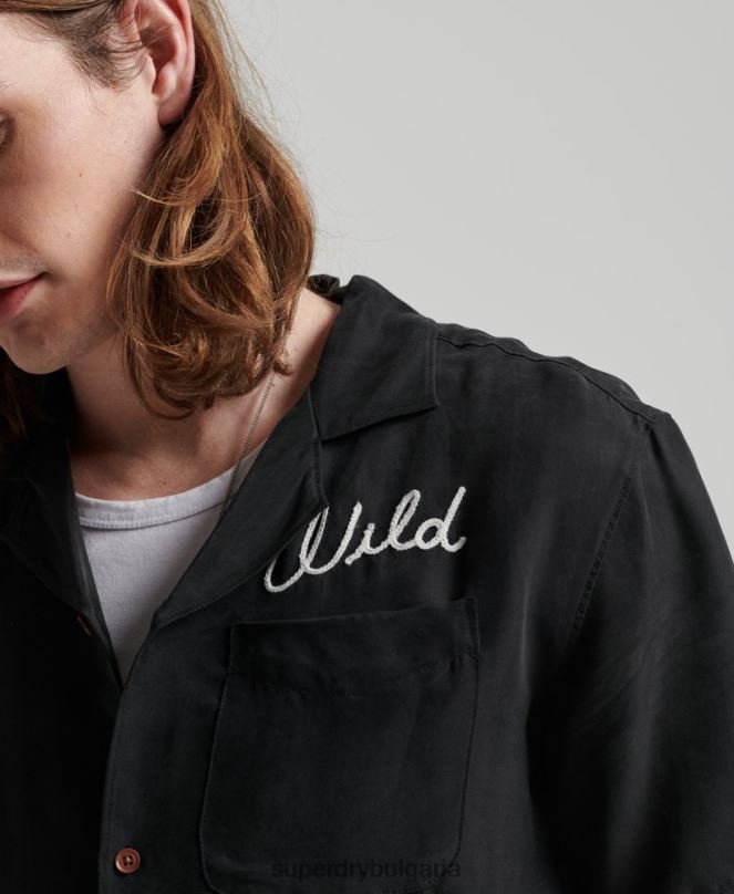 Superdry облекло N00H172 черен мъже ретро тениска за боулинг с къс ръкав