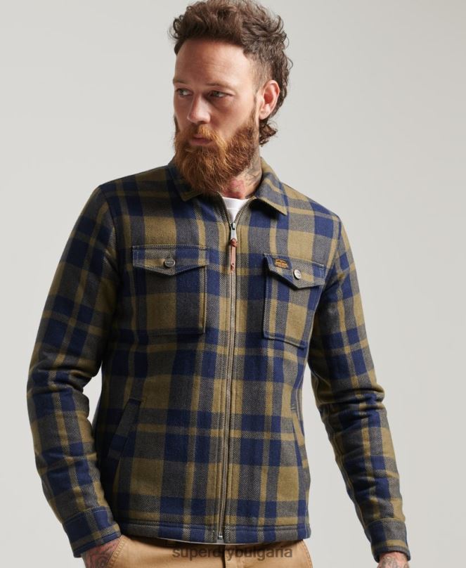 Superdry облекло N00H186 зелено мъже горна тениска с вълнена карирана подплата с цип
