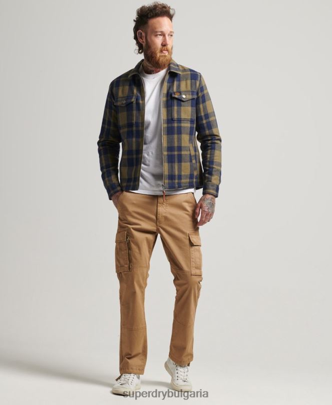 Superdry облекло N00H186 зелено мъже горна тениска с вълнена карирана подплата с цип
