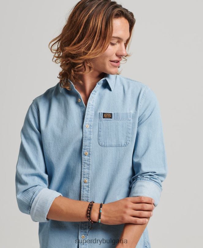 Superdry облекло N00H188 светло синьо мъже памучна работна риза с дълъг ръкав