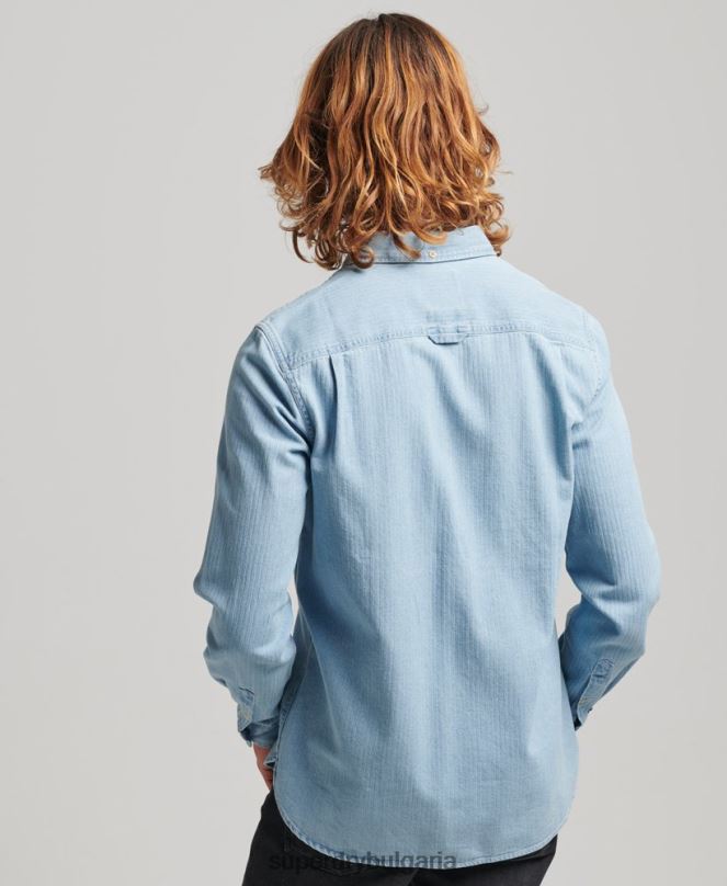 Superdry облекло N00H188 светло синьо мъже памучна работна риза с дълъг ръкав