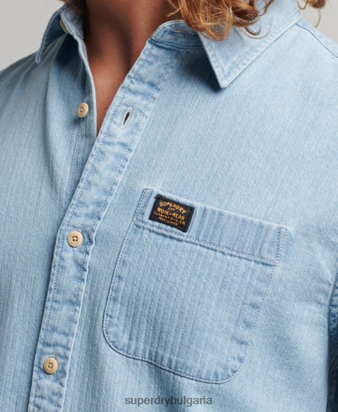 Superdry облекло N00H188 светло синьо мъже памучна работна риза с дълъг ръкав