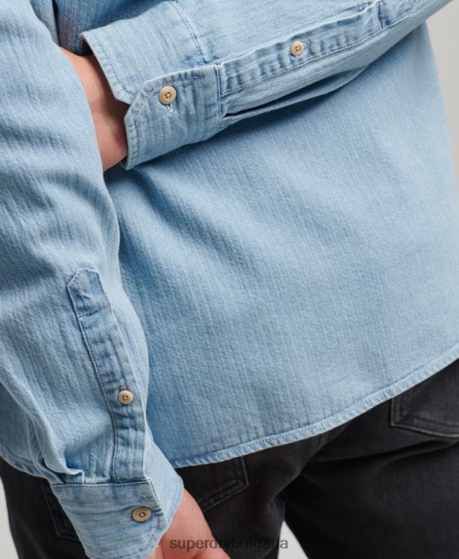 Superdry облекло N00H188 светло синьо мъже памучна работна риза с дълъг ръкав
