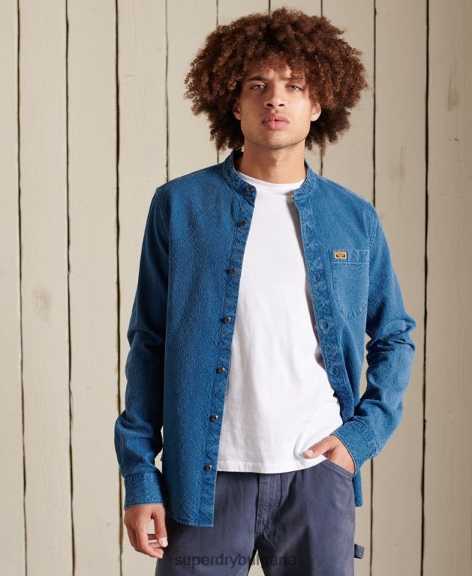 Superdry облекло N00H213 син мъже индиго henley работно облекло риза