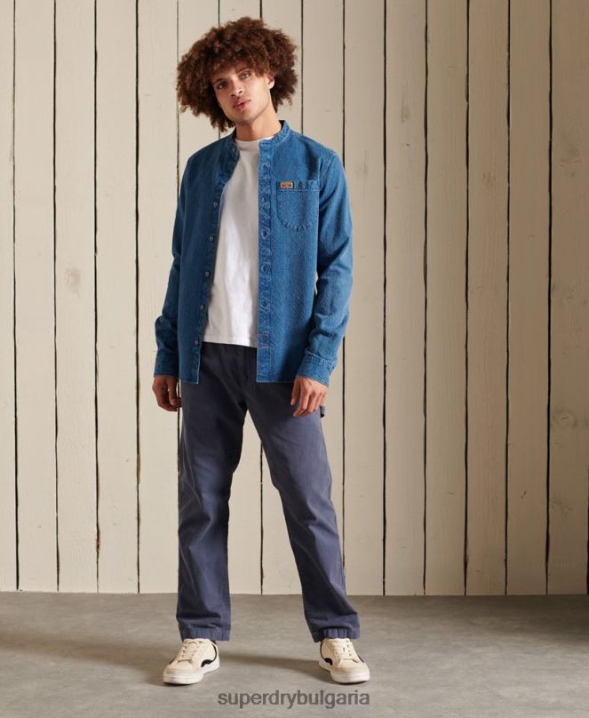 Superdry облекло N00H213 син мъже индиго henley работно облекло риза