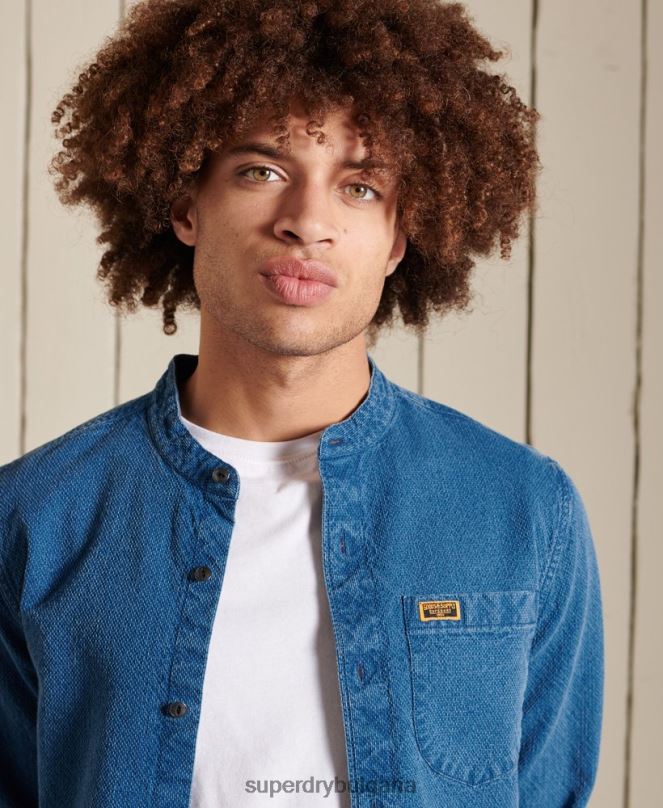 Superdry облекло N00H213 син мъже индиго henley работно облекло риза