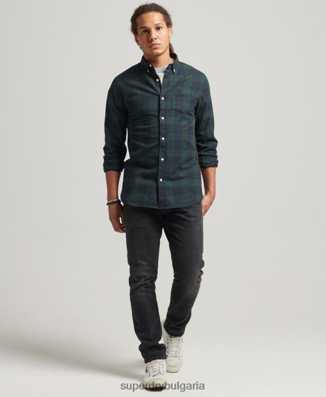 Superdry облекло N00H215 зелено мъже класическа лондонска риза с копчета от органичен памук