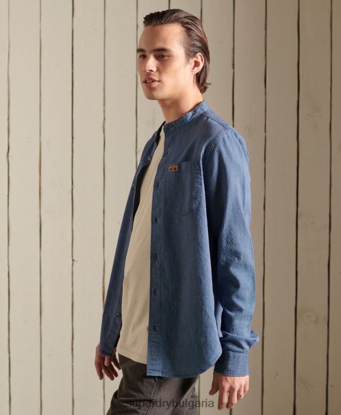 Superdry облекло N00H223 син мъже индиго henley работно облекло риза
