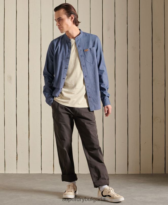 Superdry облекло N00H223 син мъже индиго henley работно облекло риза