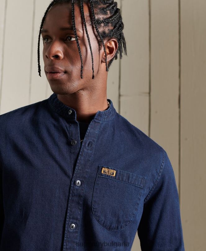 Superdry облекло N00H235 светло синьо мъже индиго henley работно облекло риза