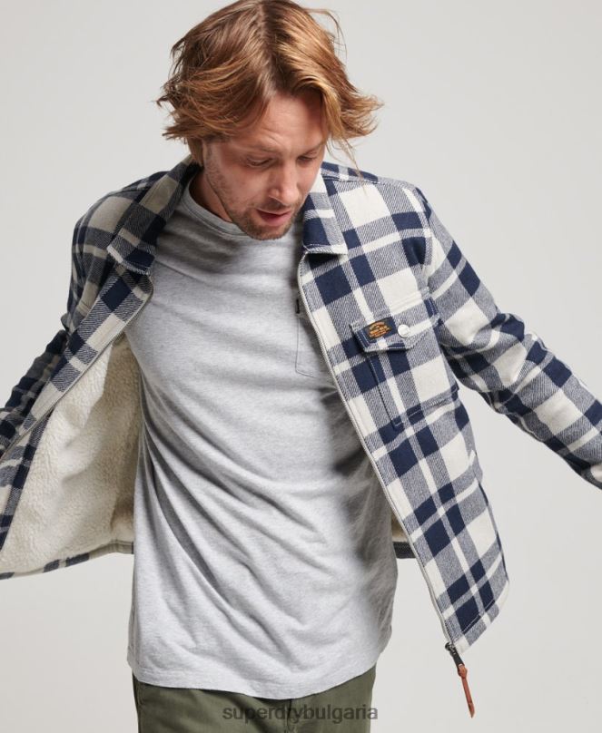 Superdry облекло N00H236 светло синьо мъже горна тениска с вълнена карирана подплата с цип