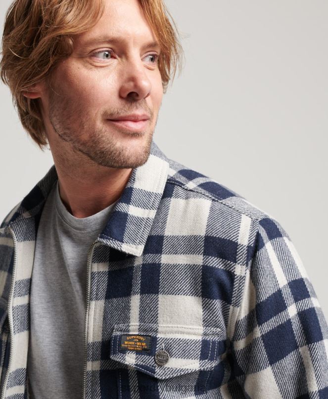 Superdry облекло N00H236 светло синьо мъже горна тениска с вълнена карирана подплата с цип