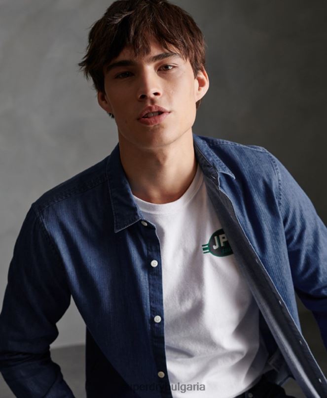 Superdry облекло N00H241 военноморски флот мъже риза с дълъг ръкав loom