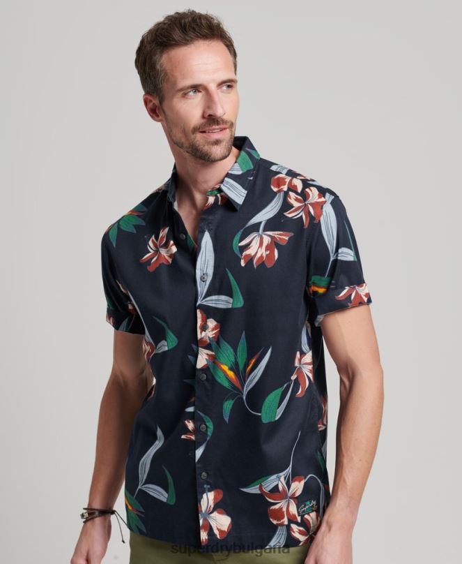 Superdry облекло N00H28 военноморски флот мъже хавайска риза с къс ръкав
