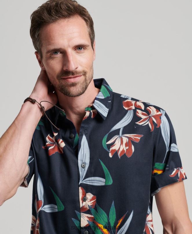 Superdry облекло N00H28 военноморски флот мъже хавайска риза с къс ръкав