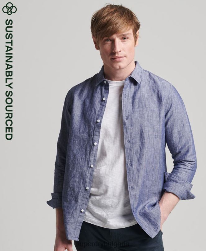Superdry облекло N00H6398 тъмно синьо мъже риза с дълъг ръкав от органичен памук и лен