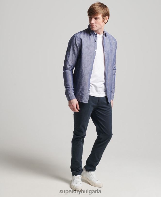 Superdry облекло N00H6398 тъмно синьо мъже риза с дълъг ръкав от органичен памук и лен