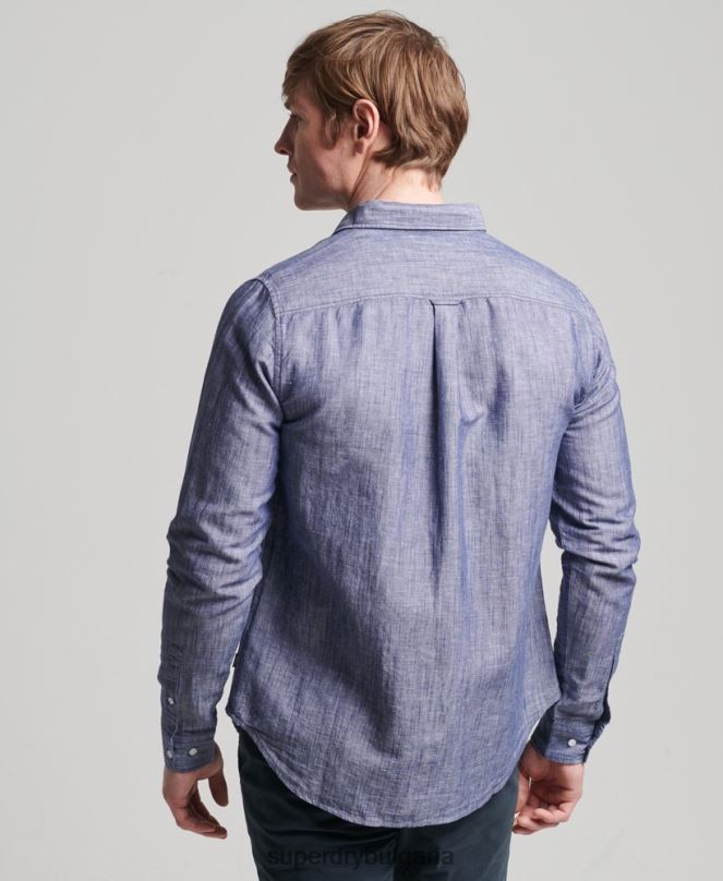Superdry облекло N00H6398 тъмно синьо мъже риза с дълъг ръкав от органичен памук и лен