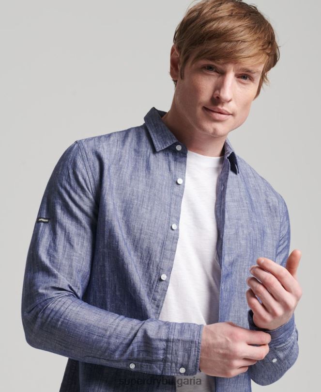 Superdry облекло N00H6398 тъмно синьо мъже риза с дълъг ръкав от органичен памук и лен
