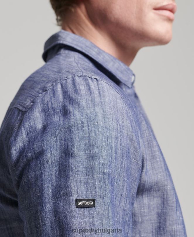 Superdry облекло N00H6398 тъмно синьо мъже риза с дълъг ръкав от органичен памук и лен