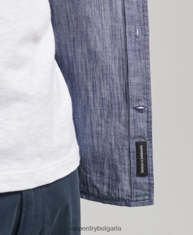Superdry облекло N00H6398 тъмно синьо мъже риза с дълъг ръкав от органичен памук и лен