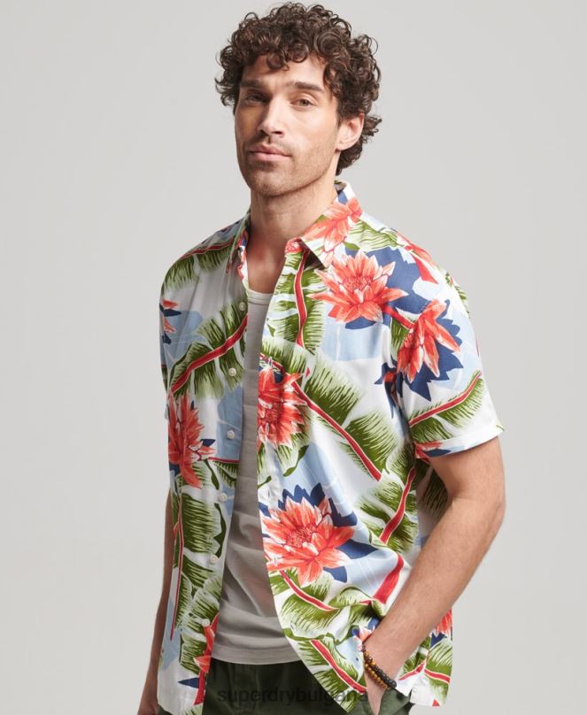 Superdry облекло N00H85 бяло мъже хавайска риза с къс ръкав