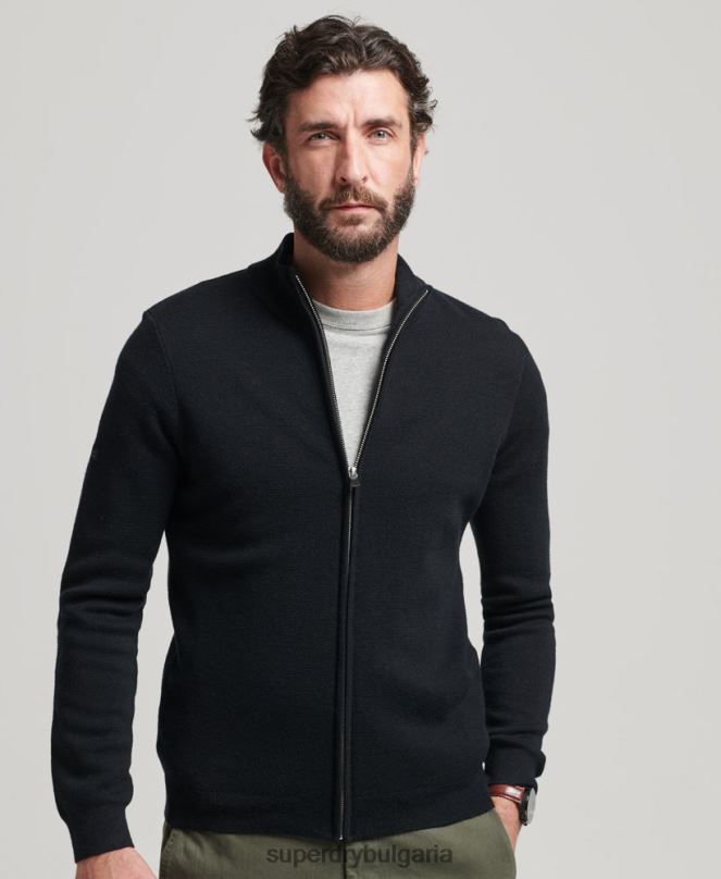 Superdry облекло N00H1239 черен мъже плетена жилетка с мериносов цип