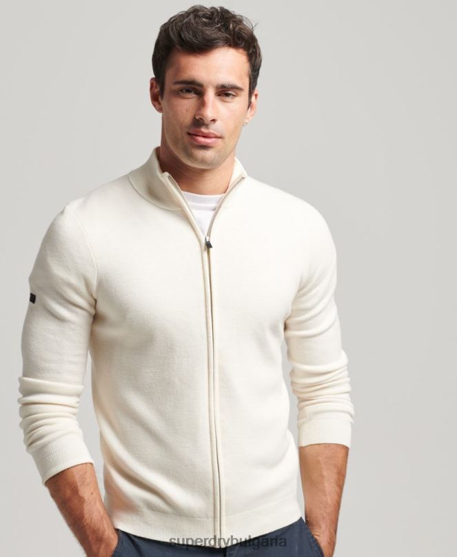 Superdry облекло N00H1242 бяло мъже плетена жилетка с мериносов цип