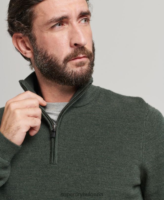 Superdry облекло N00H1244 зелено мъже мериносов пуловер с половин цип