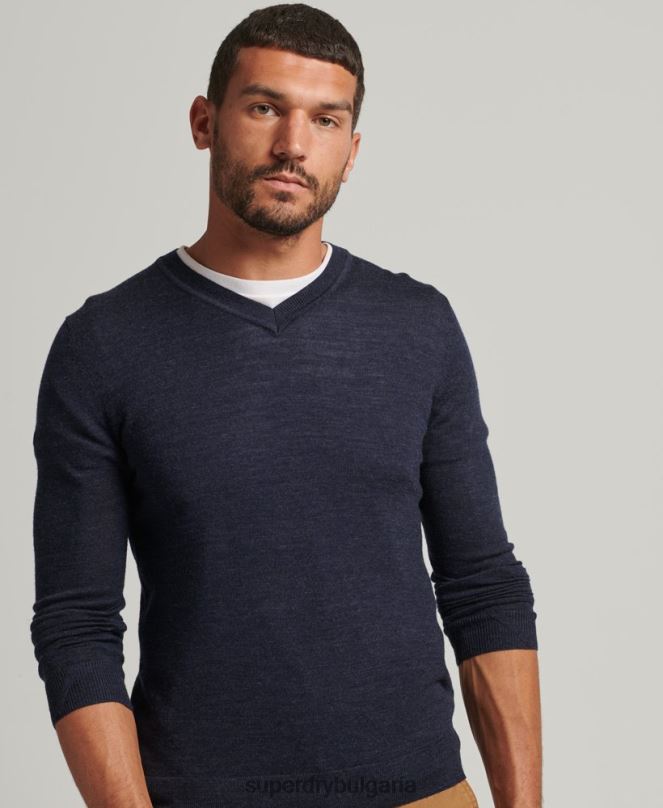 Superdry облекло N00H1246 военноморски флот мъже мериносов пуловер с v-образно деколте